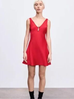 Zara Red V-Neck Keyhole Mini Dress